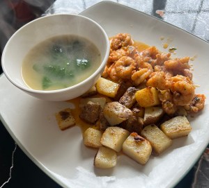 Gambas al Pil Pil with Soup and Potatoes