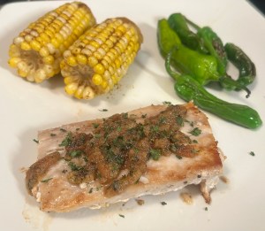 Mahi-Mahi in Lemon Garlic Sauce with a side of Blistered Shishito Peppers and Corn on the Cob